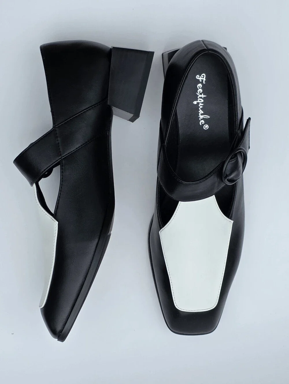 Feetquake Women's 12M Black White Mary Jane Pumps Square Toe Block Heel Shoes